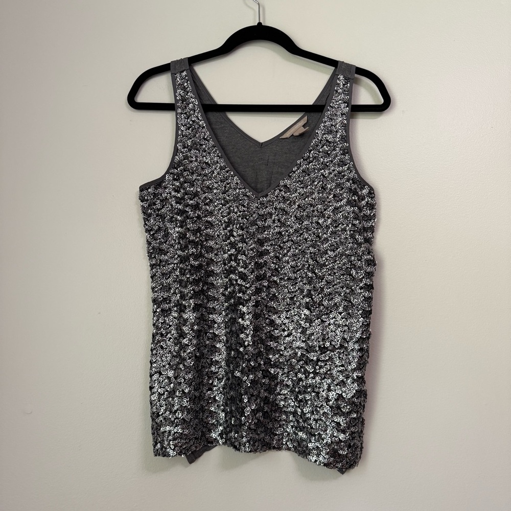 Banana Republic Silver Grey Sequin V-Neck Sleeveless Jersey Tank Top, size S - Picture 2 of 14